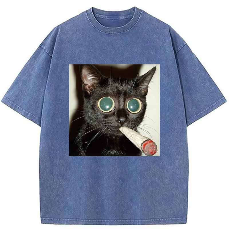 Modecanvas Little Kitten Funny Smoking DTG Printing Washed T-Shirt-modecanvas