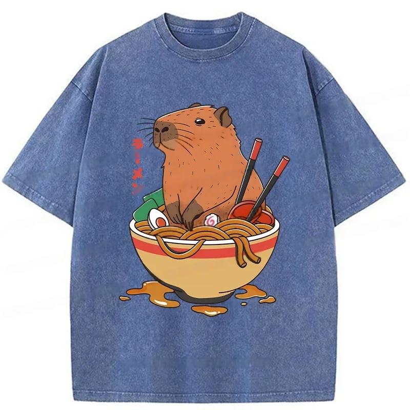 Modecanvas Capybara Ramen Funny Washed T-Shirt-modecanvas