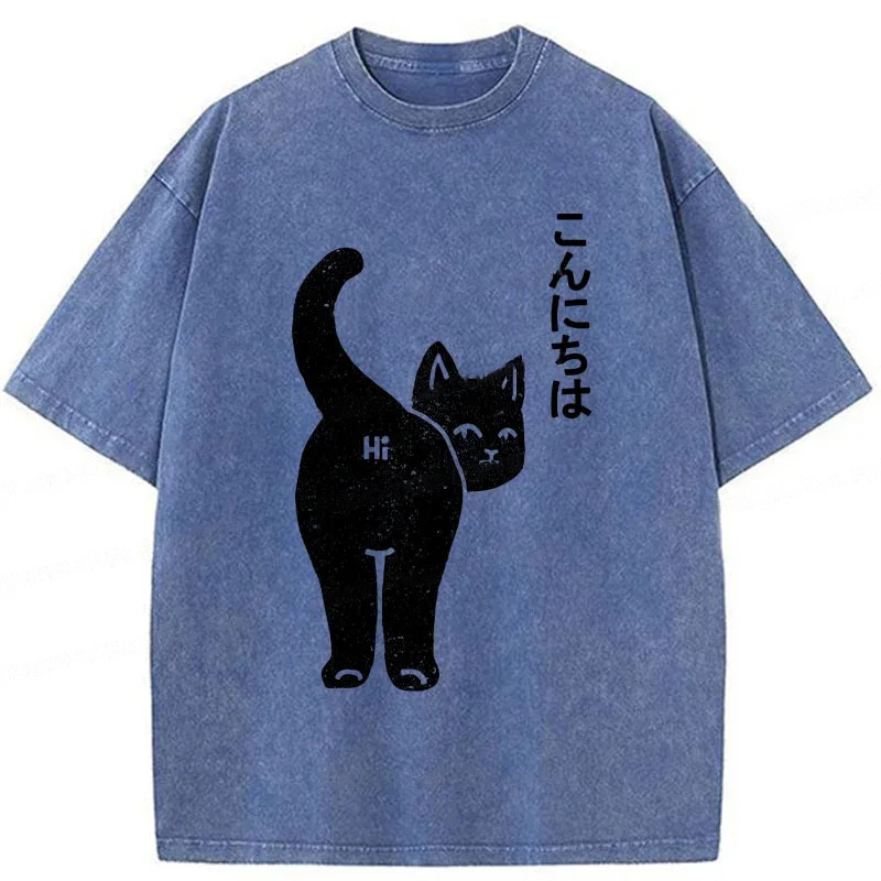 Modecanvas Cat Saying Hi Washed T-Shirt