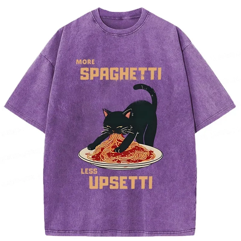 Modecanvas Cat Eating Spaghetti Funny Washed T-Shirt-modecanvas