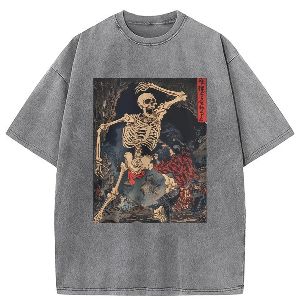 Modecanvas Japanese Horror Skeleton DTG Printing Washed T-Shirt-modecanvas