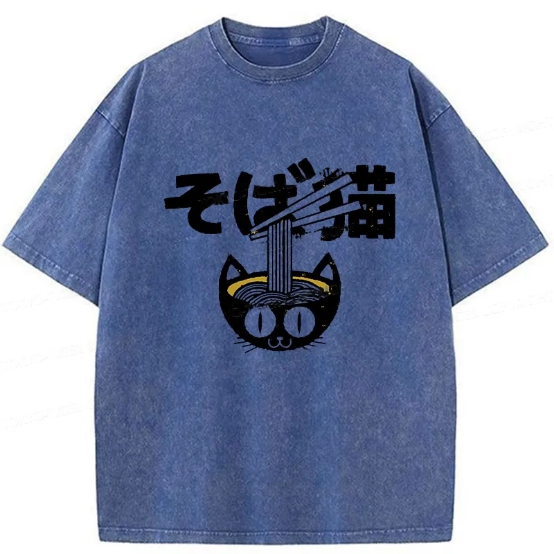 Modecanvas Cat Ramen Bowl Washed T-Shirt