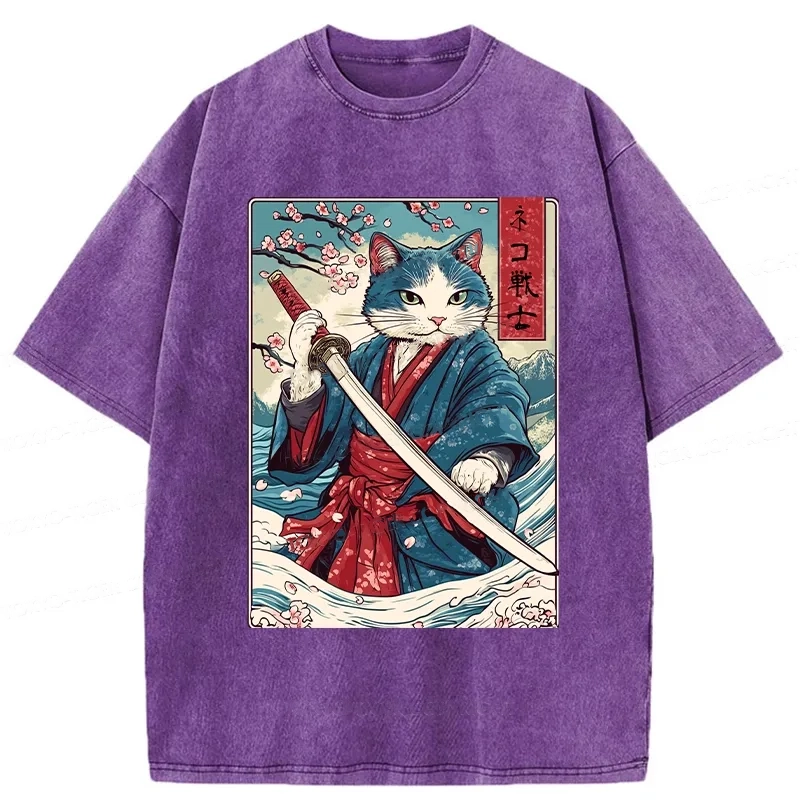 Modecanvas Japanese Cat Samurai Washed T-Shirt