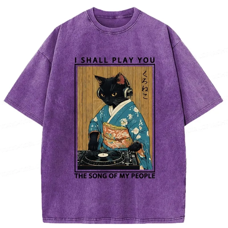 Modecanvas Funny Playing Music Black Cat Washed T-Shirt-modecanvas