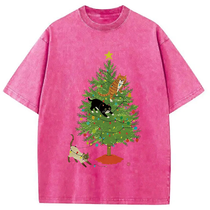 Modecanvas Cats Playing On The Christmas Tree Washed T-Shirt
