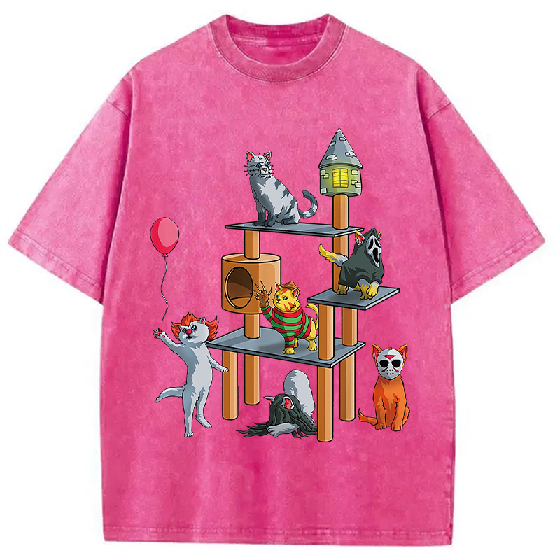 Modecanvas Funny Cat Horror Movies Cute Halloween Washed T-Shirt