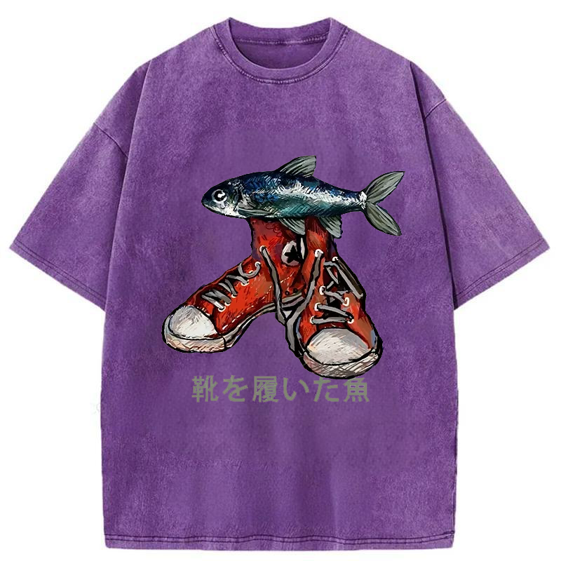 Modecanvas Fish Wearing Shoes Washed T-Shirt