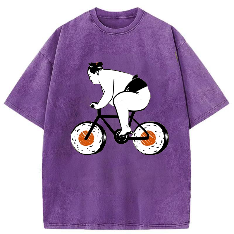 Modecanvas Sumo Riding A Sushi Bike Washed T-Shirt