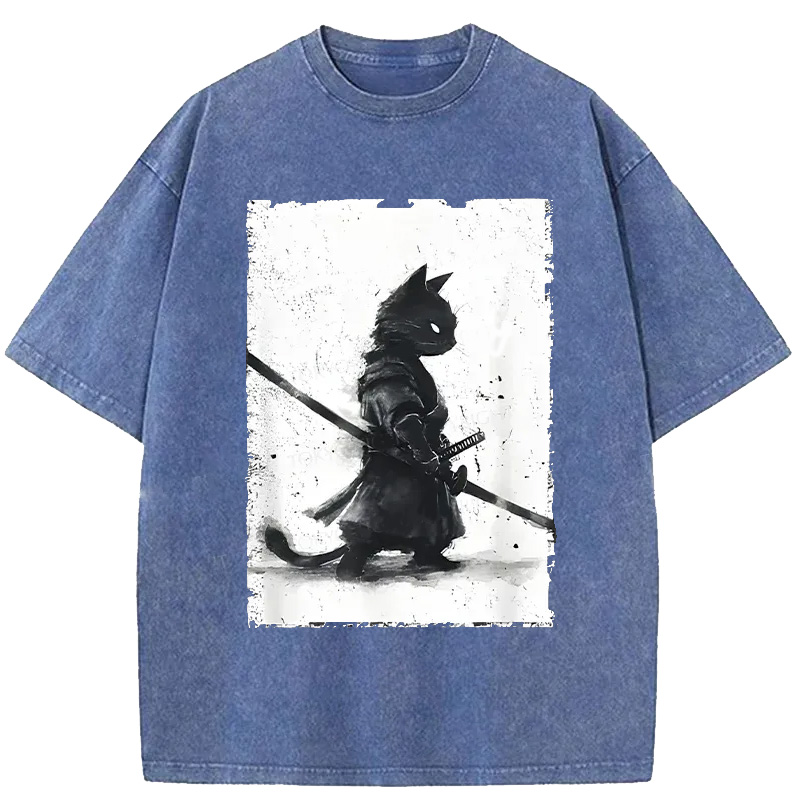 Modecanvas Retro Cat Samurai Japanese Washed T-Shirt-modecanvas