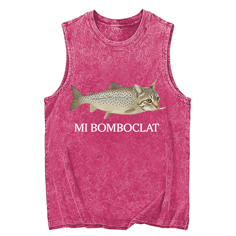 Modecanvas Bomboclat Fish Cat Meme DTG Printing Washed Tank-modecanvas