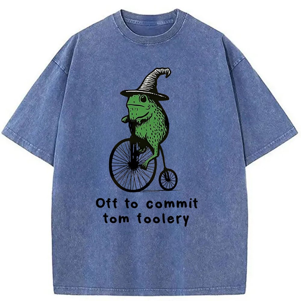 Modecanvas Frog Riding Penny-farthing Washed T-Shirt-modecanvas