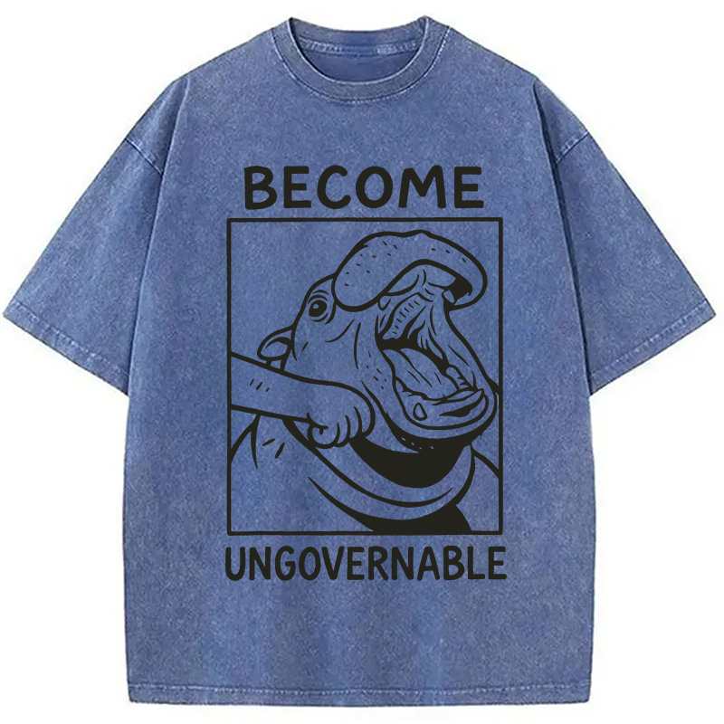 Modecanvas Become Ungovernable Funny Hippo Meme Washed T-Shirt