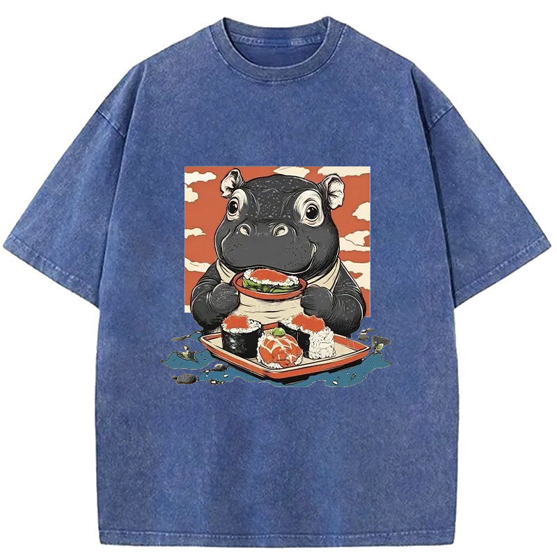 Modecanvas Moo Deng Eat Sushi Washed T-Shirt