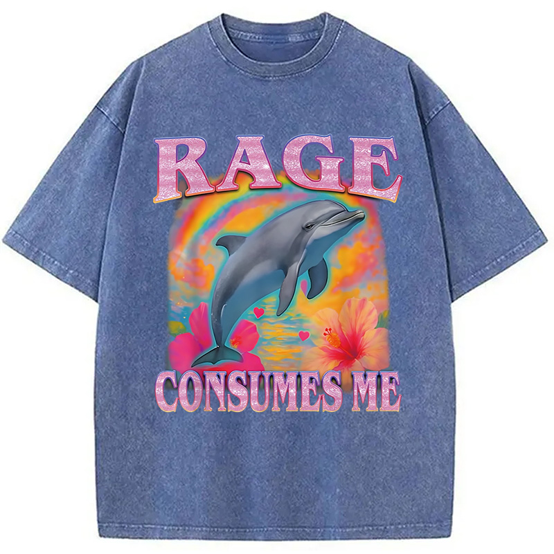 Modecanvas Rage Consumes Me Dolphin Meme Washed T-Shirt