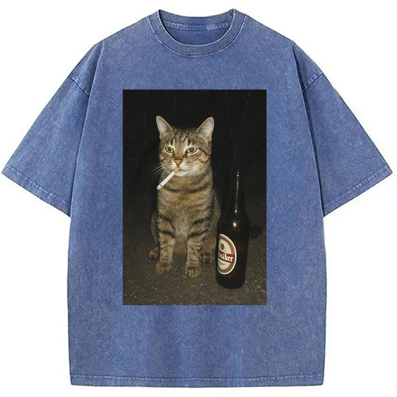 Modecanvas Vintage Cigarette Kitty Meme Washed T-Shirt-modecanvas