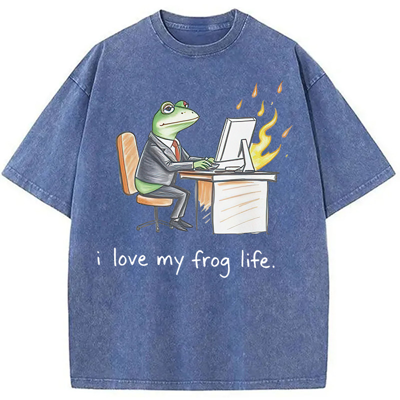 Modecanvas Office Burnout Funny Frog Meme Washed T-Shirt