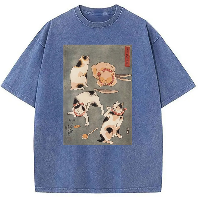Modecanvas Japanese Four Cats Ukiyo-e Washed T-Shirt