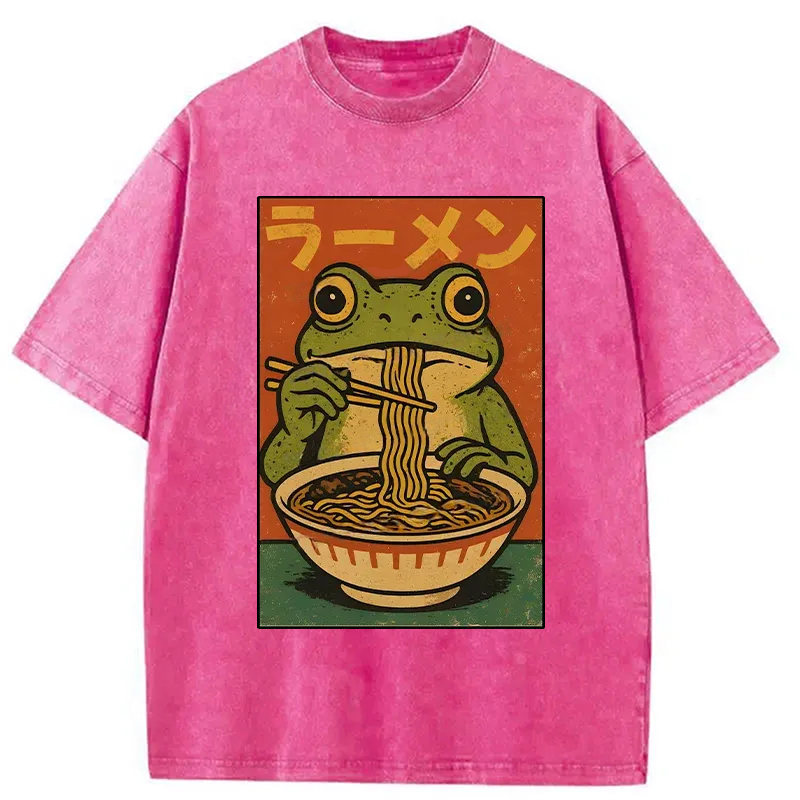 Modecanvas Frog Eating Ramen Retro Washed T-Shirt