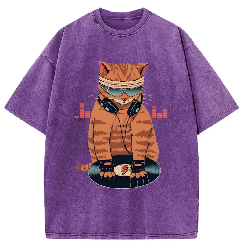 Modecanvas Funny Cat DJ Washed T-Shirt