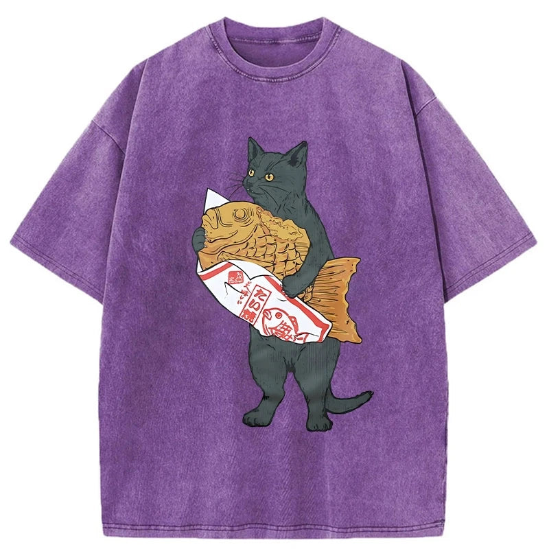Modecanvas Cat Holding Taiyaki Washed T-Shirt