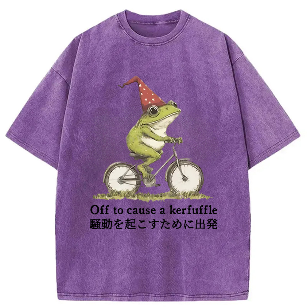 Modecanvas Frog Riding A Bicycle Washed T-Shirt