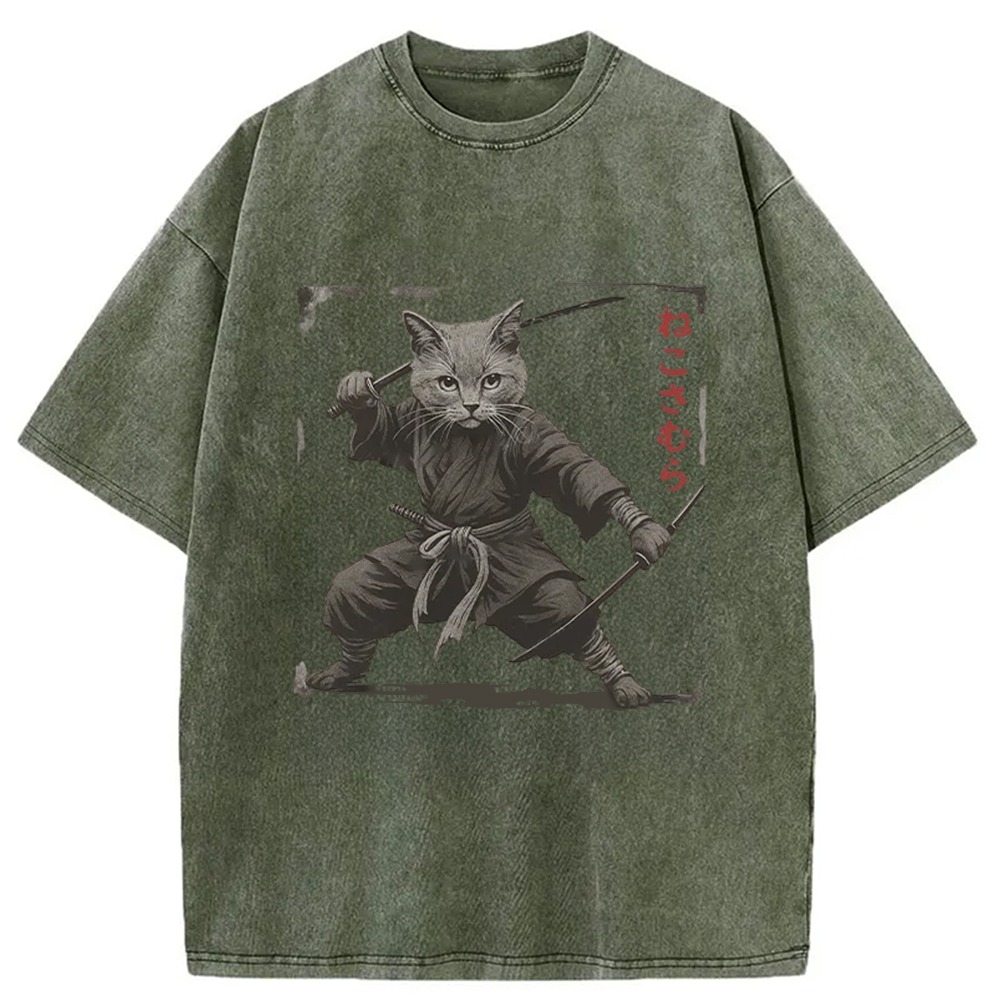 Modecanvas Handsome Cat Samurai Washed T-Shirt