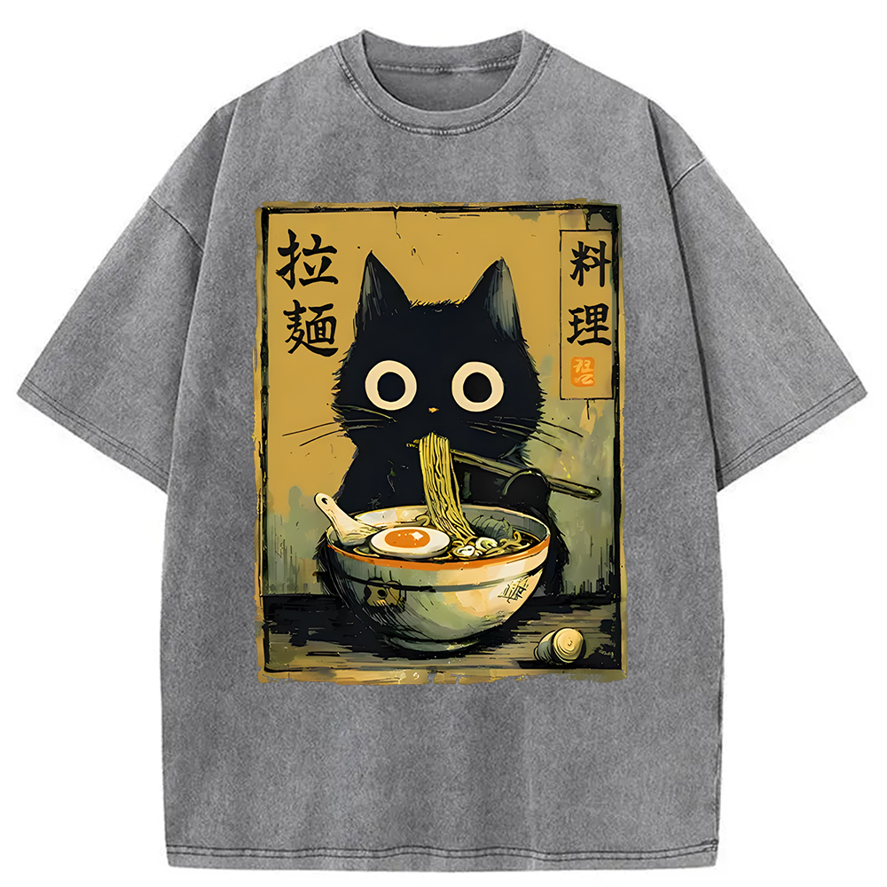 Modecanvas Cute Black Cat Eating Ramen Washed T-Shirt-modecanvas
