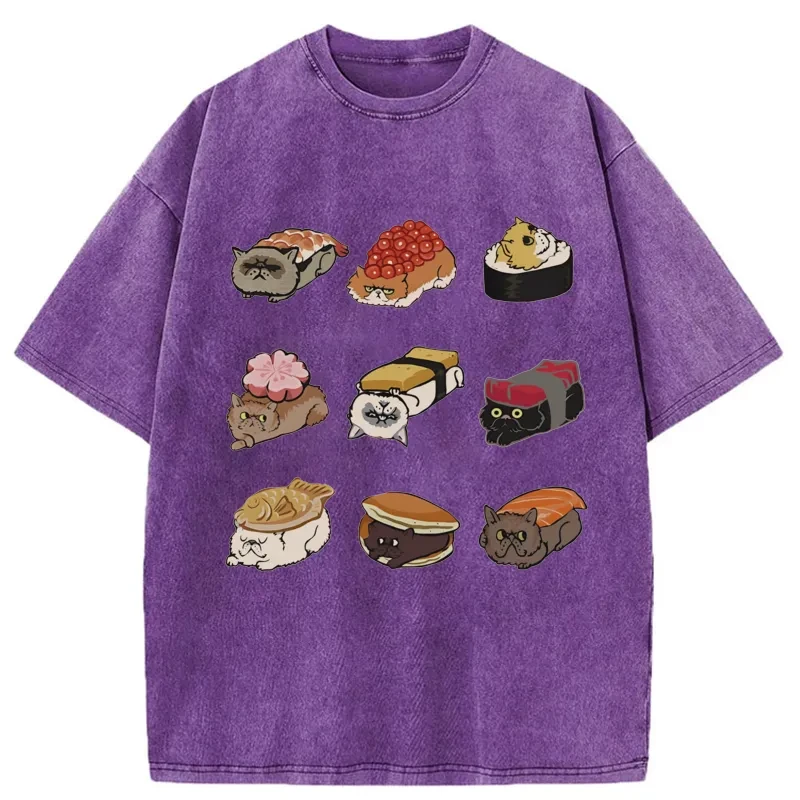 Modecanvas Cute Cat Sushi Washed T-Shirt