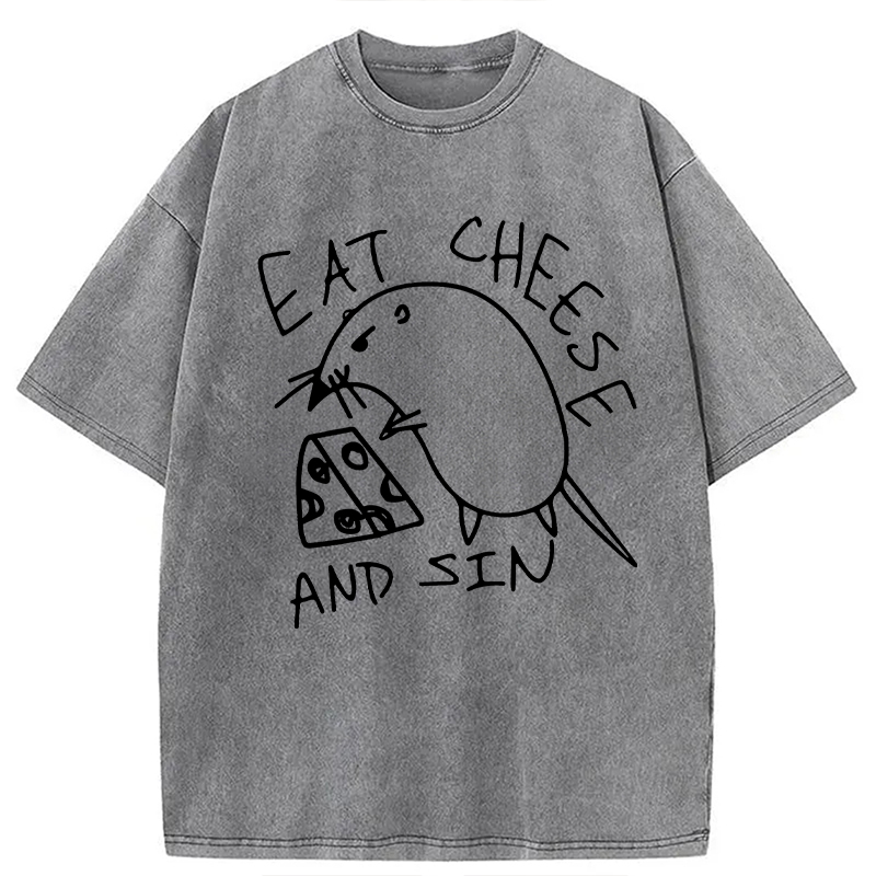 Modecanvas Eat Cheese And Sin Meme Washed T-Shirt-modecanvas
