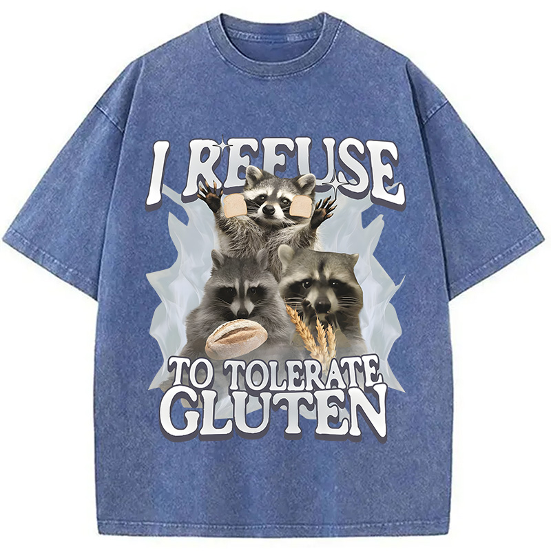 Modecanvas Refuse to Tolerate Gluten Funny Raccoon Meme Washed T-Shirt