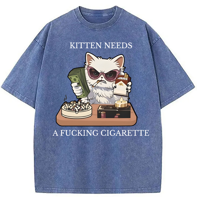 Modecanvas Kitten Needs A Fucking Cigarette DTG Printing Washed T-Shirt
