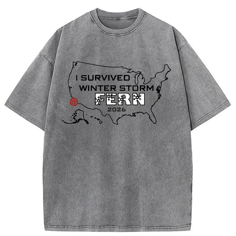 Modecanvas I Survived Winter Storm Fern 2026 DTG Printing Washed T-Shirt