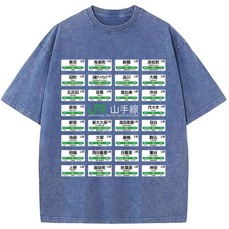 Modecanvas Yamanote Line Train Stations All DTG Printing Washed T-Shirt