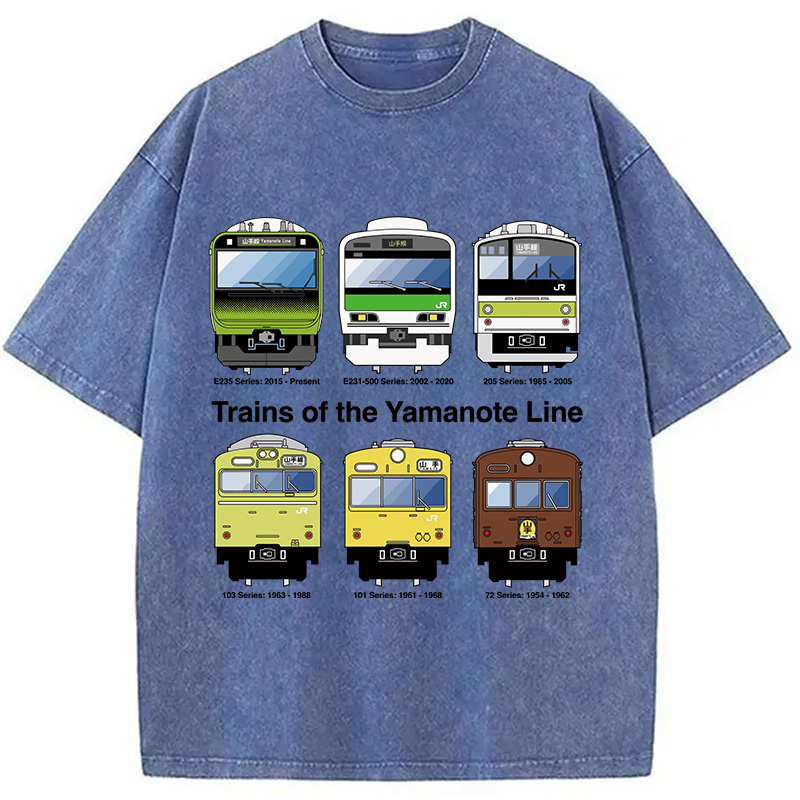 Modecanvas Trains of the Yamanote Line DTG Printing Washed T-Shirt