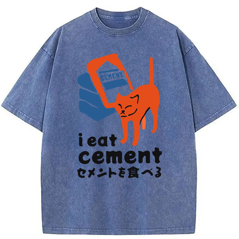 Modecanvas I Eat Cement Meme Cat Washed T-Shirt-modecanvas
