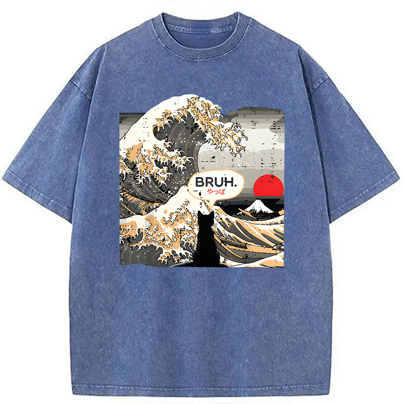 Modecanvas Bruh Cat Great Wave DTG Printing Washed T-Shirt