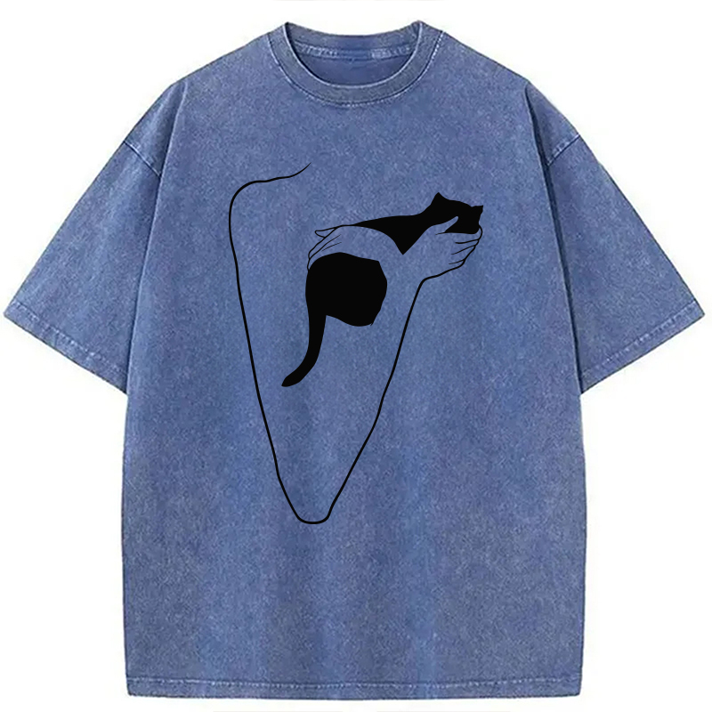 Modecanvas Minimalist Art Cat Hug DTG Printing Washed T-Shirt