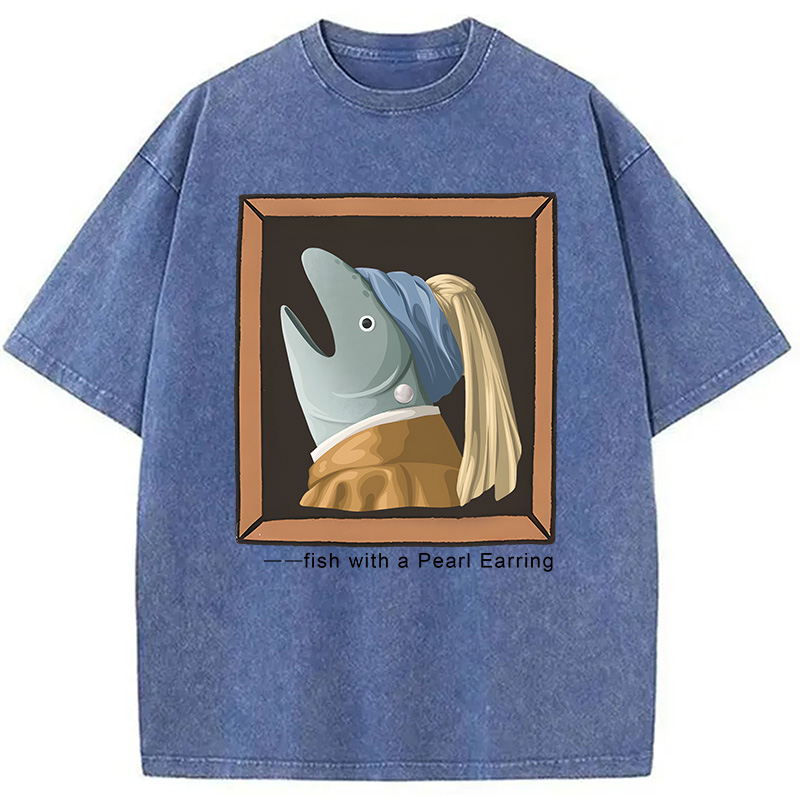 Modecanvas Fish with Pearl Earring DTG Printing Washed T-Shirt