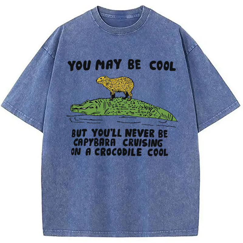 Modecanvas Funny Capybara Riding Crocodile DTG Printing Washed T-Shirt