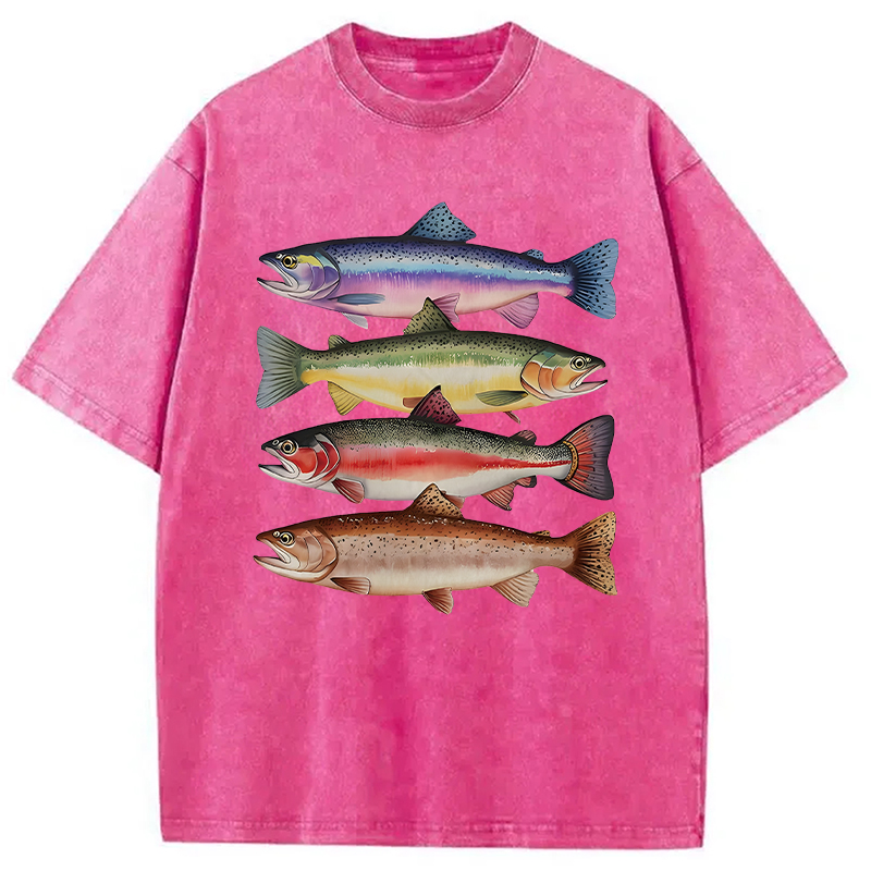 Modecanvas Colorful Rainbow Trout Fish DTG Printing Washed T-Shirt