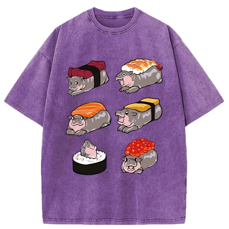 Modecanvas Cute Hippo Sushi Washed T-Shirt