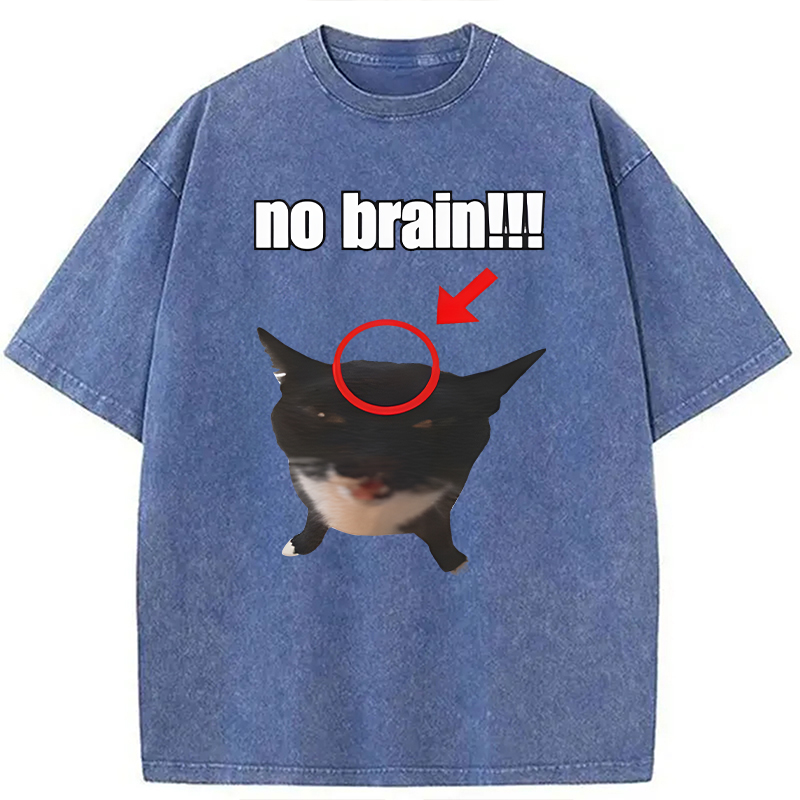 Modecanvas No Brain Cat DTG Printing Washed T-Shirt