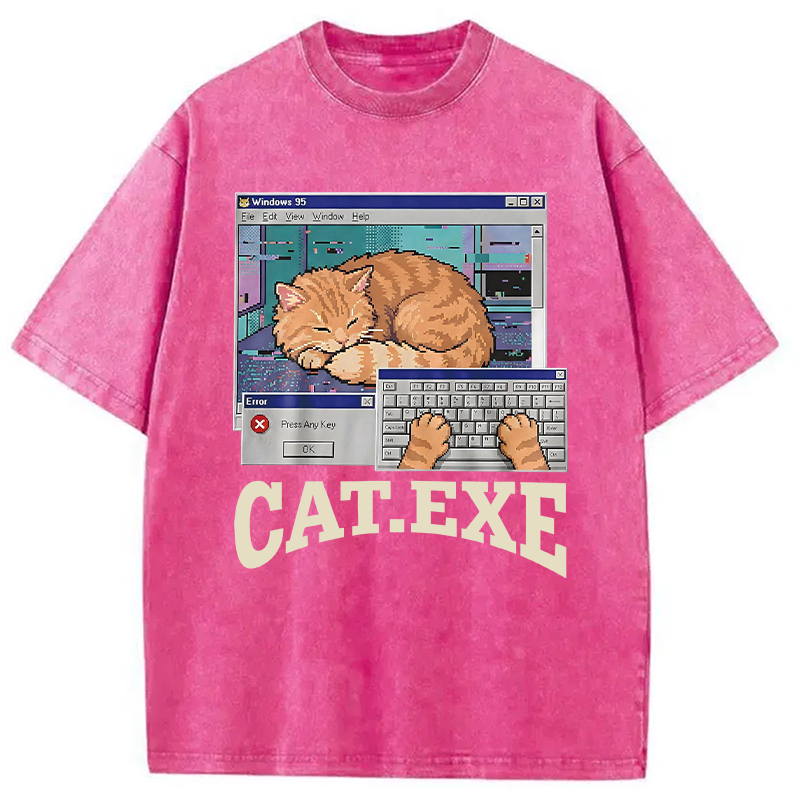 Modecanvas Cat Exe DTG Printing Washed T-Shirt-modecanvas