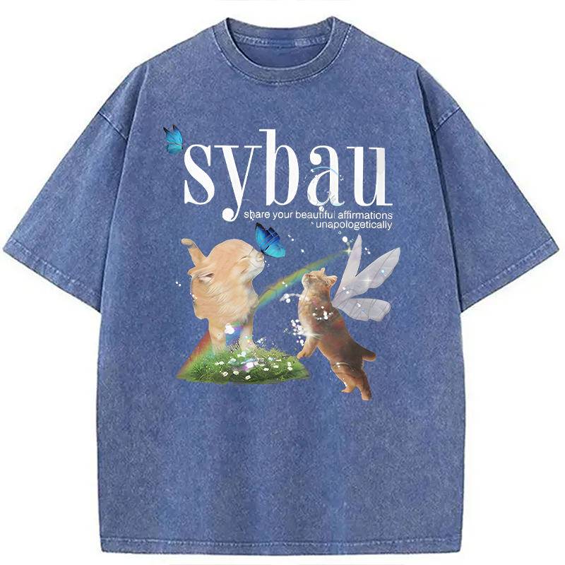 Modecanvas Cat Fairy SYBAU DTG Printing Washed T-Shirt-modecanvas