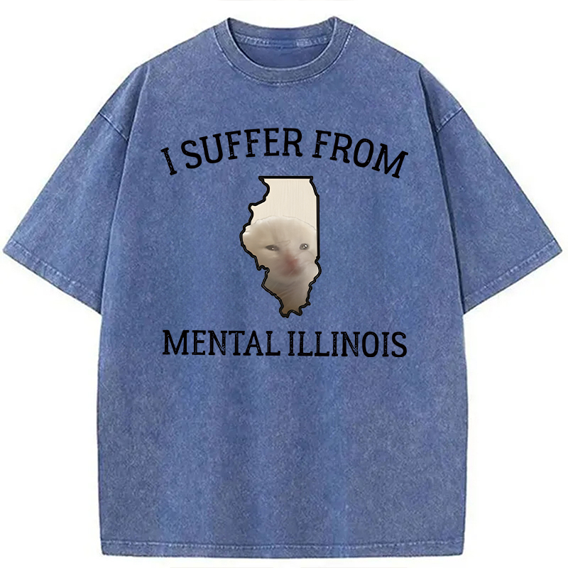 Modecanvas Mental Illinois Depressed Cat DTG Printing Washed T-Shirt-modecanvas