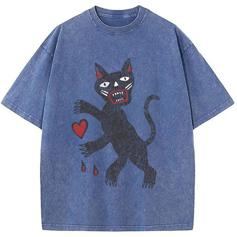Modecanvas Black Cat Art DTG Printing Washed T-Shirt-modecanvas