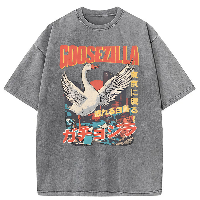 Modecanvas Goosezilla Funny Goose DTG Printing Washed T-Shirt-modecanvas