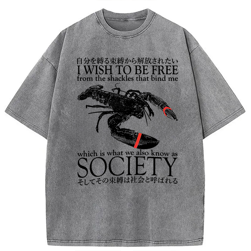 Modecanvas I Wish To Be Free Lobster DTG Printing Washed T-Shirt-modecanvas