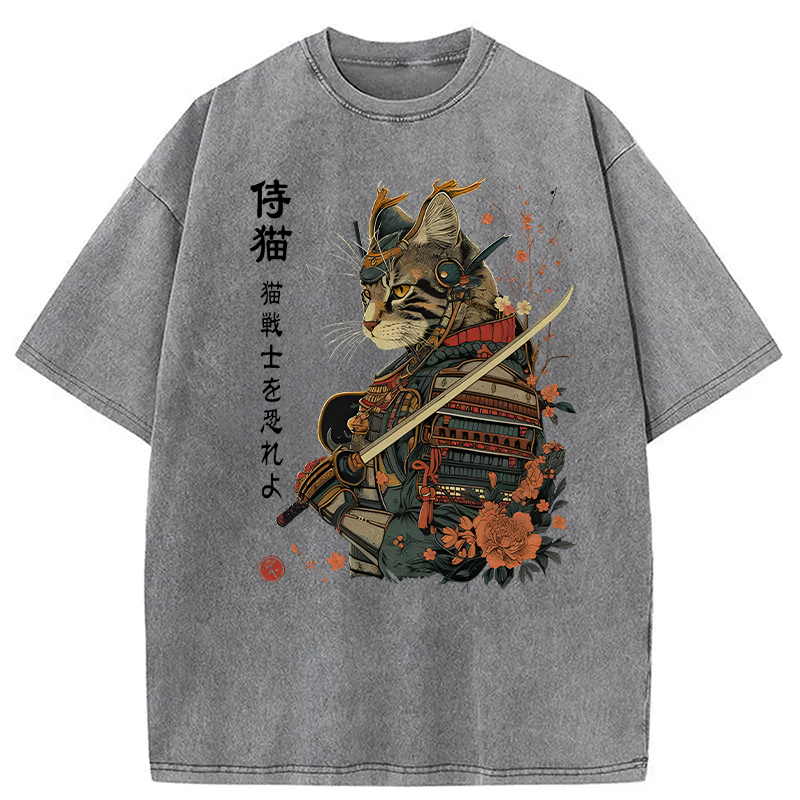 Modecanvas Samurai Cat Japanese Art DTG Printing Washed T-Shirt-modecanvas