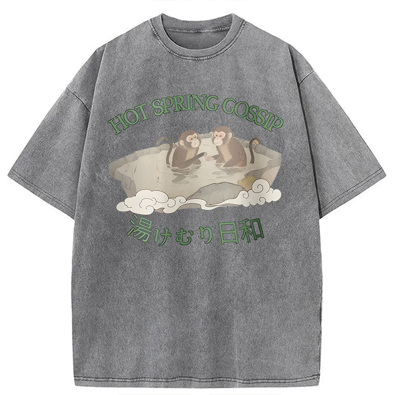 Modecanvas Japanese Monkey Hot Spring DTG Printing Washed T-Shirt-modecanvas